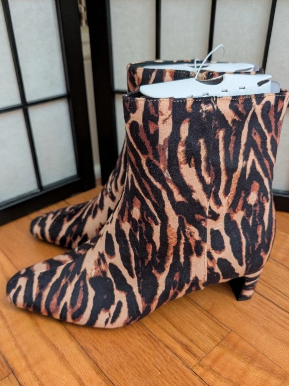 NEW A New Day Leopard Print Ankle Soft Boots - Beige/Black Size 7W